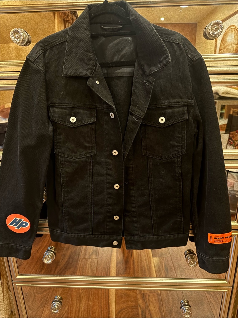 Heron Preston Black Denim Jacket with Orange Logo Patches